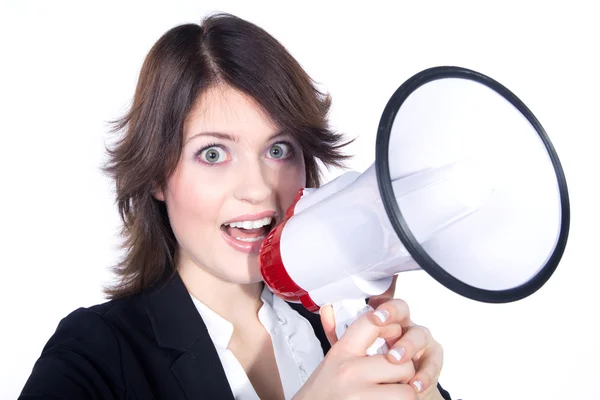 Mulher atraente com megafone — Fotografia de Stock