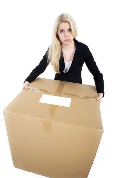 Menina loira com caixa — Fotografia de Stock