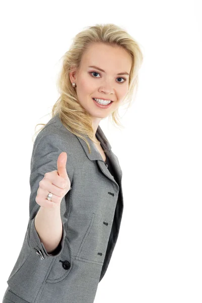 Blonde girl shows a sign — Stock Photo, Image