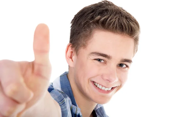 Boy shows a sign — Stock Photo, Image