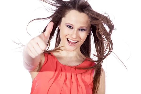 Brunette girl shows a sign — Stock Photo, Image