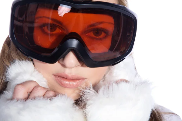 Woman in ski goggles isolated — Stock Photo, Image