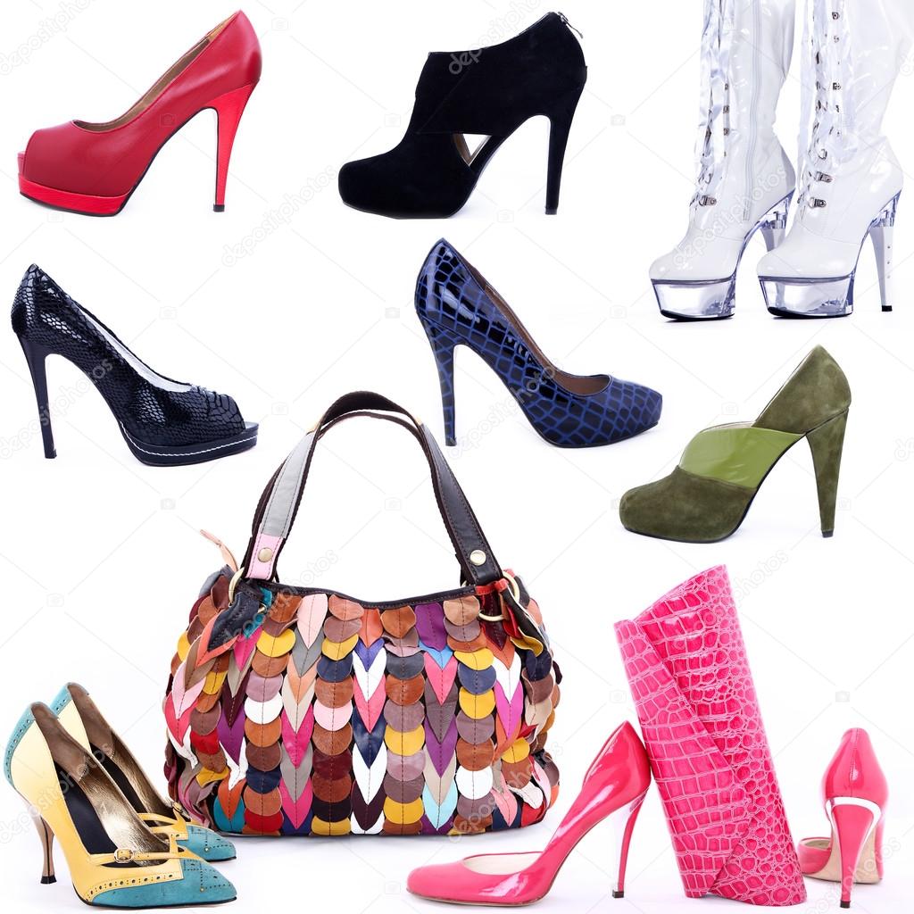 Handbags and shoes on a white background