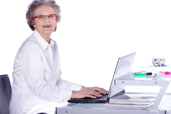 Femme âgée sérieuse avec son ordinateur portable assis — Photo