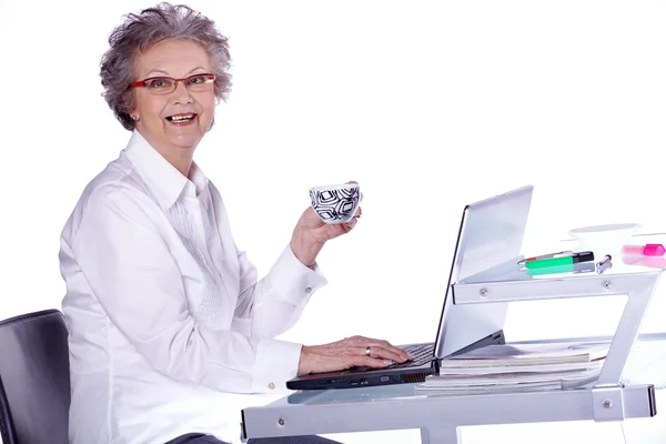 Серьезный пожилая женщина с ноутбуком сидит — стоковое фото