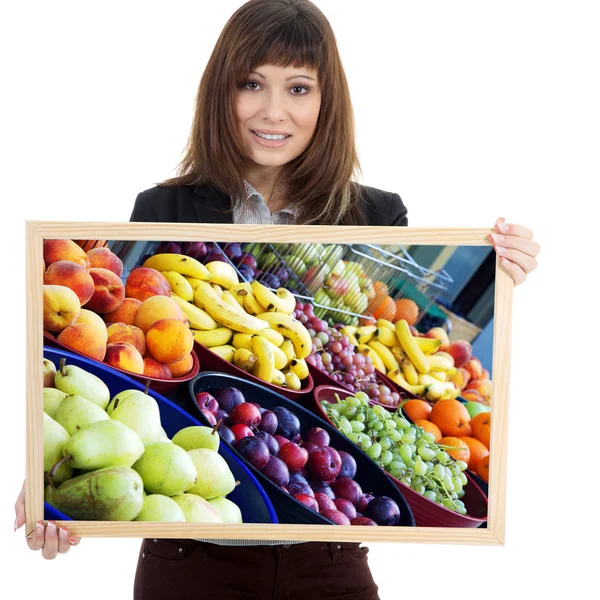 Meisje met de afbeelding van vruchten — Stockfoto