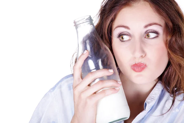 Attractive brunette with milk — Stock Photo, Image