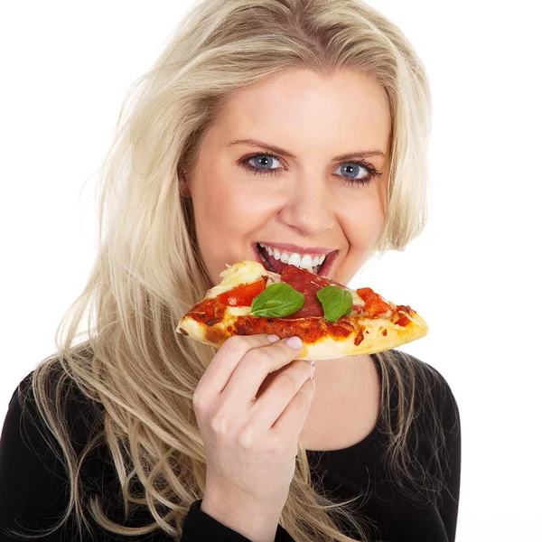 Junge blonde Frau mit Pizza — Stockfoto