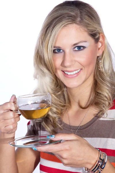 Blonde girl drinks tea — Stock Photo, Image