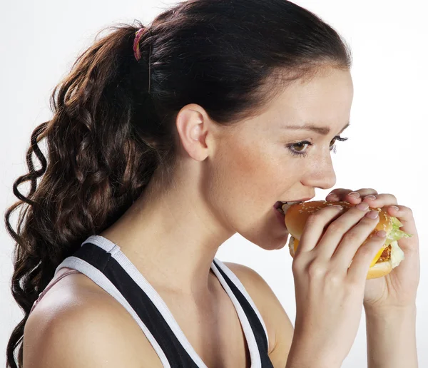Woman with hamburger — Stock Photo, Image