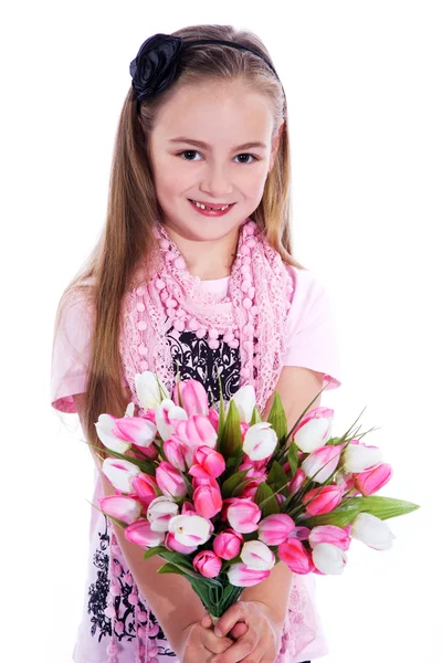Mädchen mit einem Strauß Tulpen — Stockfoto