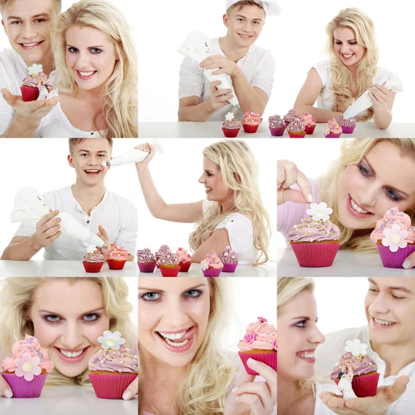 Collage von Youngster-Paar mit Cupcake — Stockfoto