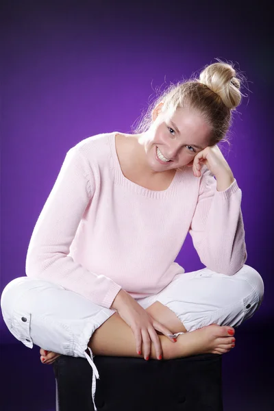 Natural Woman sitting cross legged — Stock Photo, Image