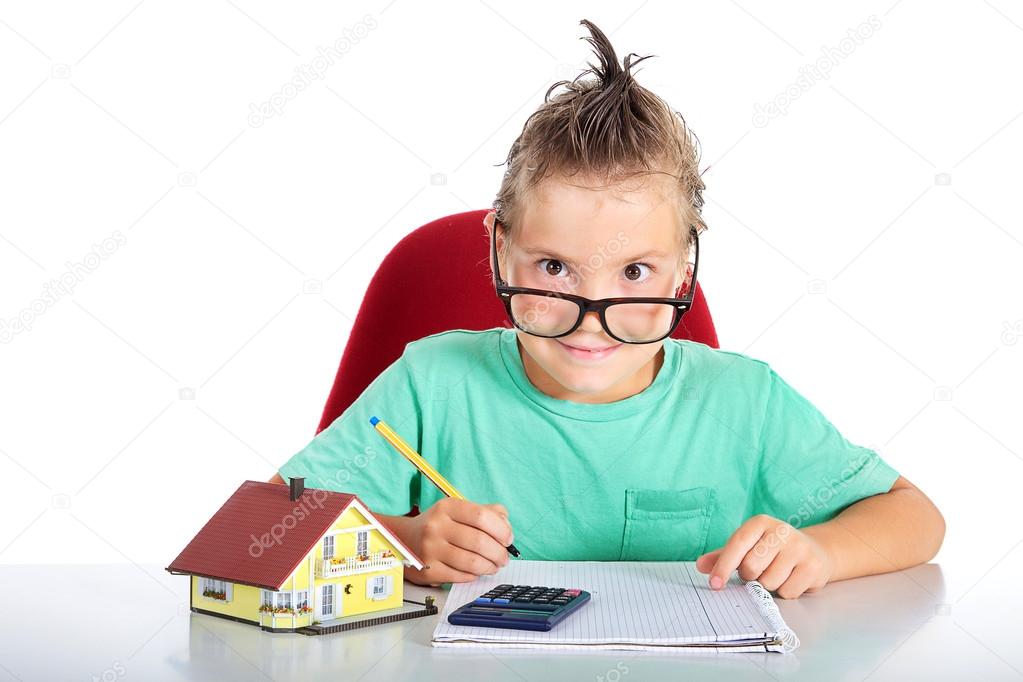 Boy with glasses expects his building society
