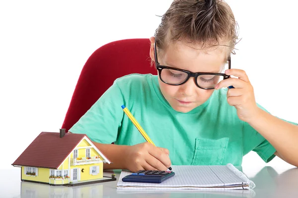 Boy with glasses expects his building society — Stock Photo, Image