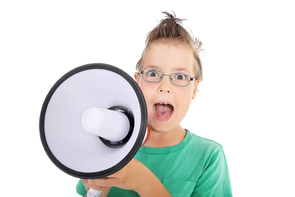 Piangendo ragazzo con gli occhiali e megafono — Foto Stock