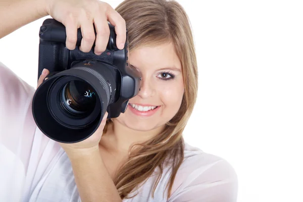 Blonde girl photographed by camera — Stock Photo, Image