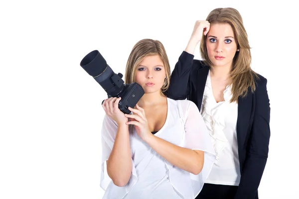 两个女孩带着照相机 — 图库照片