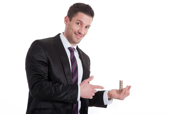 Man holding money coins — Stock Photo, Image