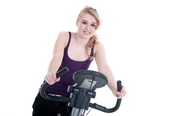 Jovem mulher ciclismo sorrisos — Fotografia de Stock