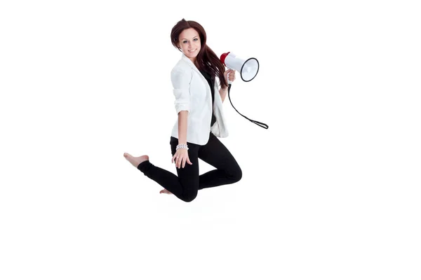 Vrouwelijke ondernemers springen met megafoon — Stockfoto