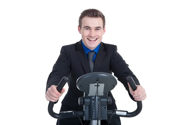 Happy businessman on the simulator — Stock Photo, Image