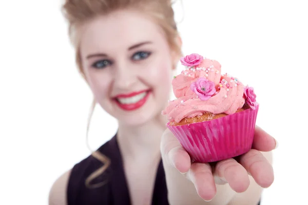 Girl with festive cake — Stock Photo, Image