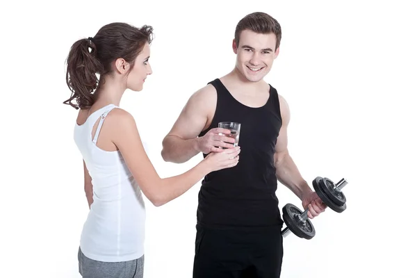 Happy sportsman with his assistant — Stock Photo, Image