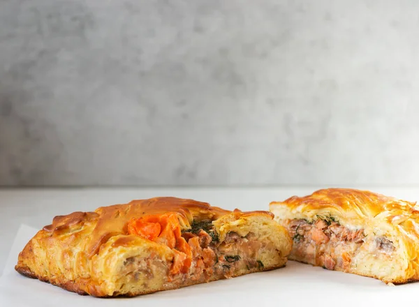 Torta Russa Tradicional Feita Massa Levedura Cheia Salmão Espaço Cópia — Fotografia de Stock