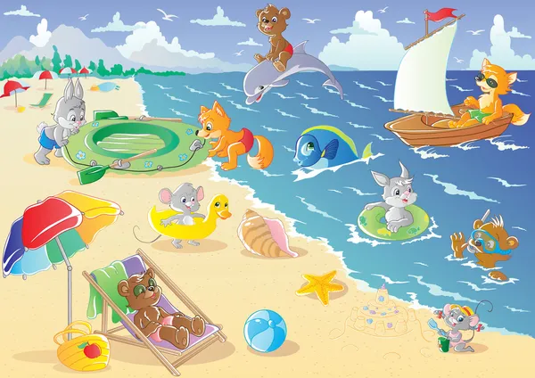 Animales en la playa — Vector de stock