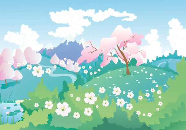 Landscape with cherry blossom — Stock Vector