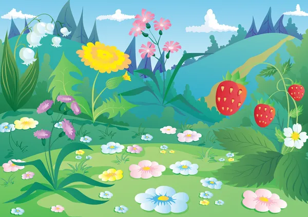 Paisagem com flores e morangos vector — Vetor de Stock