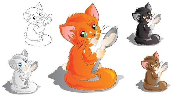 Kitten with spoon, five versions — Stock Vector