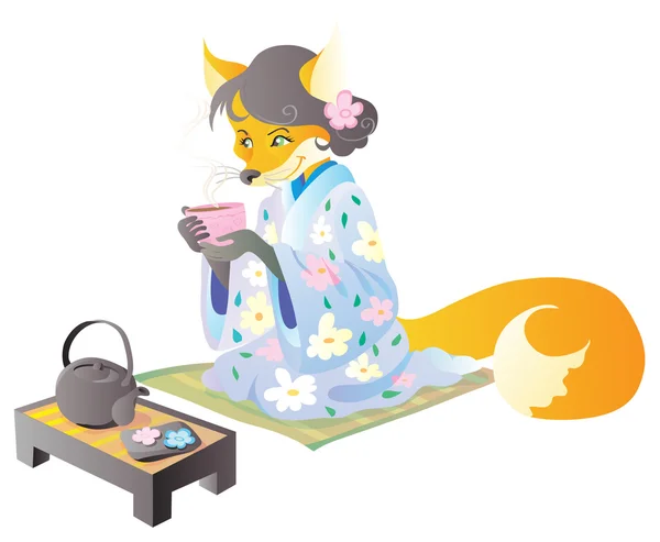 Fox in kimono drinks tea — Stock Vector