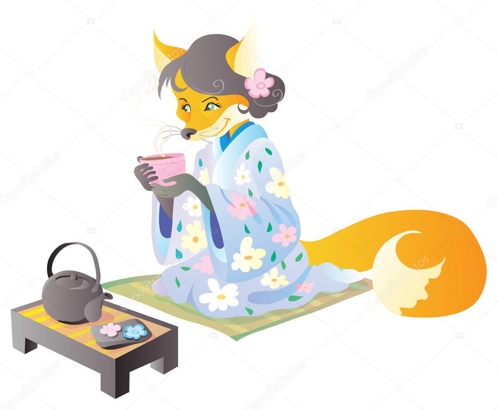 Fox in kimono drinks tea