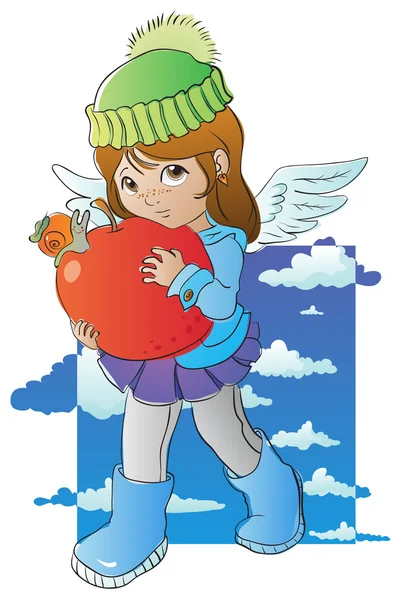 Kleiner Engel mit großem Apfel — Stockvektor