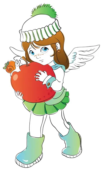 Pequeno anjo com maçã grande —  Vetores de Stock