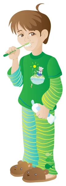 Niño en pijama verde limpia los dientes — Vector de stock