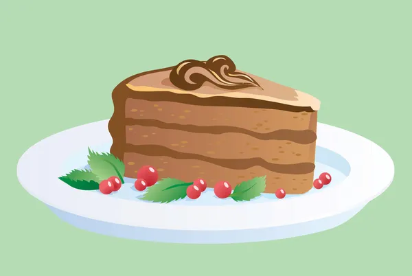Шоколадный торт на тарелке украшен мятой и клюквой — стоковый вектор