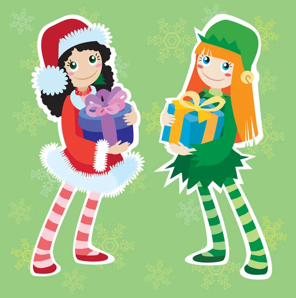 クリスマス サンタとエルフの少女 — ストックベクタ