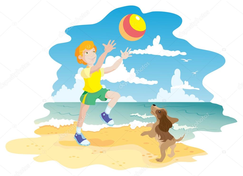 Boy and dog on beach play ball