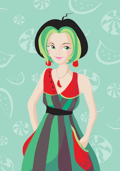 Girl dressed in watermelon summer dress — Stock Vector