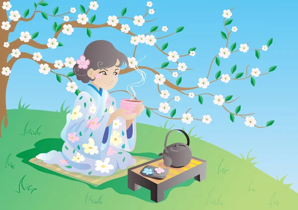 着物姿の少女は、桜の木の下で茶を飲む — ストックベクタ