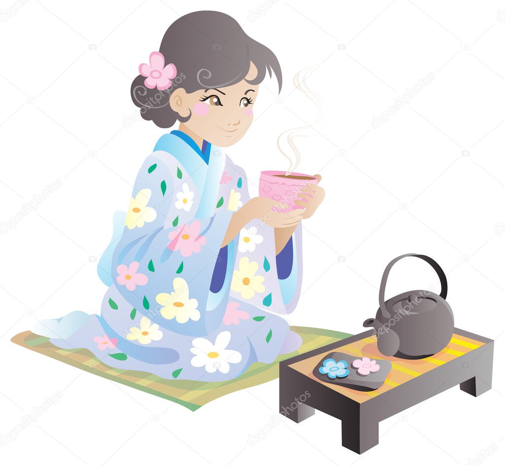 Girl in kimono drinks tea