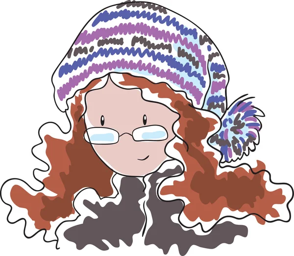 Fille avec des lunettes et un chapeau avec pompon — Image vectorielle