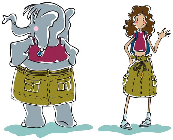 Una gonna modello si adatta ragazza magra ed elefante — Vettoriale Stock