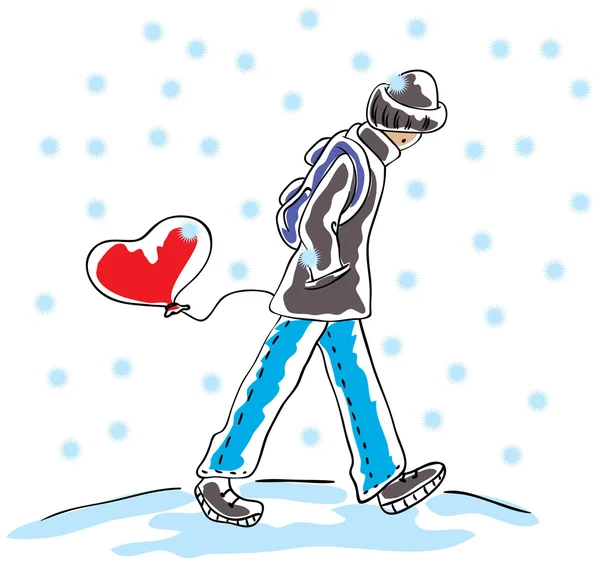 Der Kerl geht in den Schnee und hat einen herzförmigen Ballon — Stockvektor