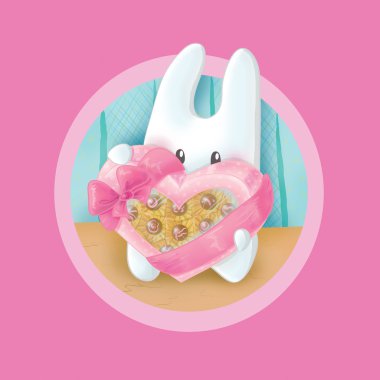 Bunny with a box of chocolates in a heart shape clipart