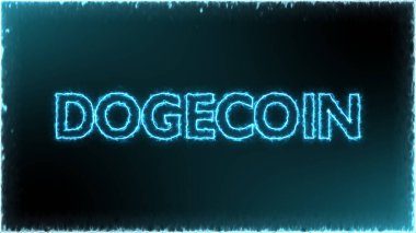 Dogecoin kripto para birimi siyah arkaplan üzerindeki mavi enerji yangını üzerine