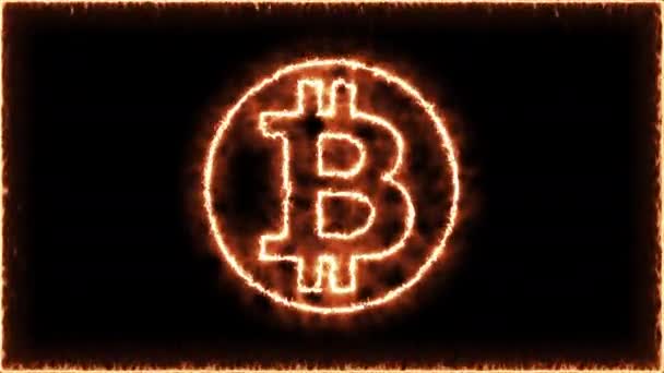 Bitcoin icon cryptocurrency on fire over black background — Wideo stockowe